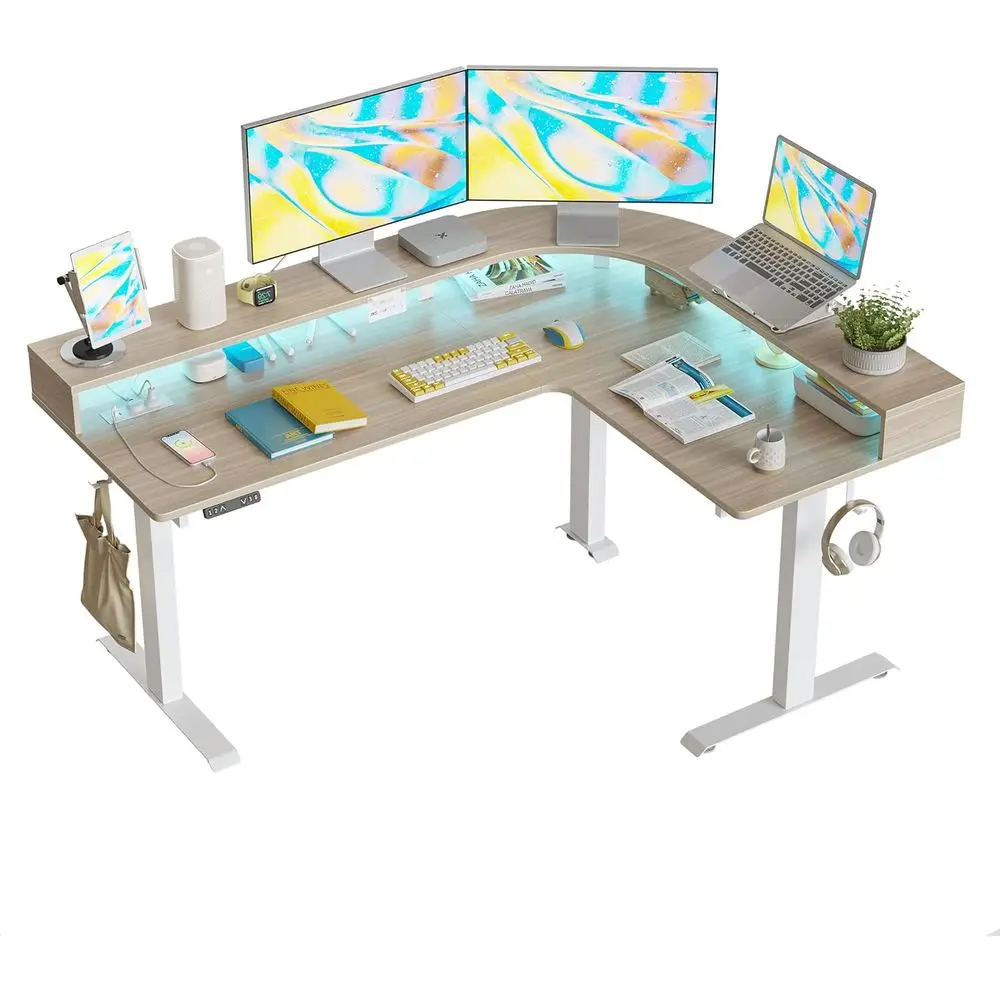 L-Shaped Standing Desk with LED Strip and Power Outlets, 63 Height Adjustable, Ergonomic Monitor Stand, White/Light Walnut Top
L-Shaped Standing Desk with LED Strip and Power Outlets, 63 Height Adjustable, Ergonomic Monitor Stand, White/Light Walnut Top