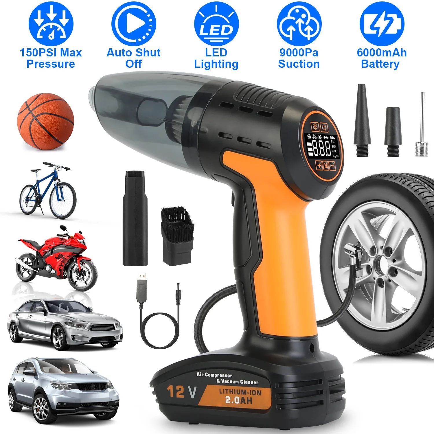 4-in-1 Cordless Car Vacuum & 150PSI Inflator: Rechargeable, Digital Display, LED Light, Tire Pressure Gauge
4-in-1 Cordless Car Vacuum & 150PSI Inflator: Rechargeable, Digital Display, LED Light, Tire Pressure Gauge