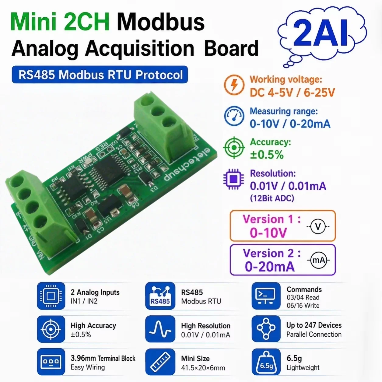 12Bit ADC 4-20mA 0-10V Voltage Current Collector 2-Channel Modbus RS485 Analog Acquisition Module PLC HMI Expansion Board
12Bit ADC 4-20mA 0-10V Voltage Current Collector 2-Channel Modbus RS485 Analog Acquisition Module PLC HMI Expansion Board