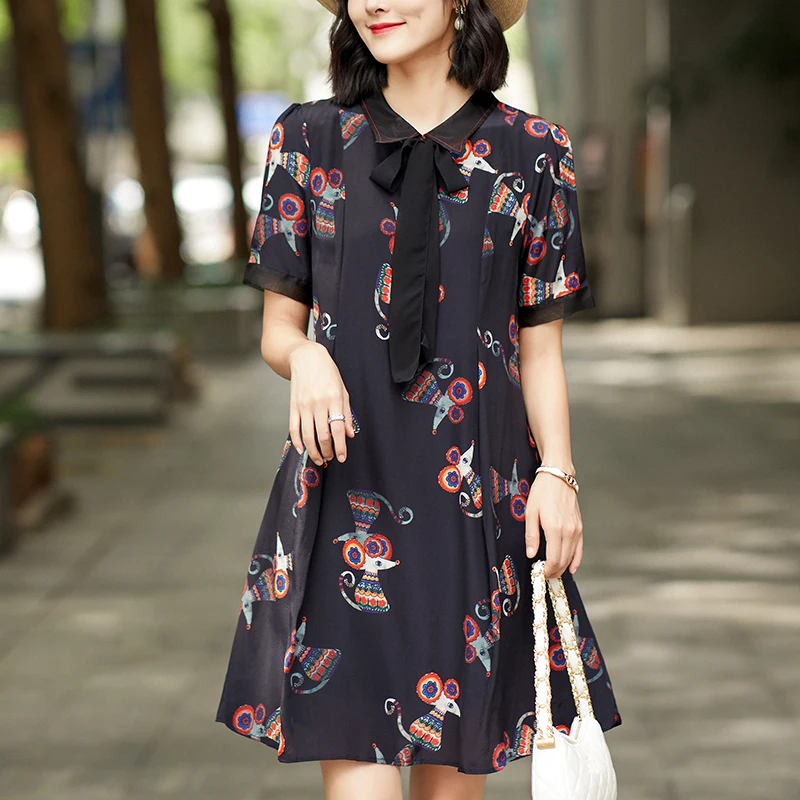 Elegant Summer Dresses For Women Bow Turn-down Collar Short Sleeve Women's Cartoon Mouse Print Dress A-line 100% Real Silk Dress
Elegant Summer Dresses For Women Bow Turn-down Collar Short Sleeve Women's Cartoon Mouse Print Dress A-line 100% Real Silk Dress