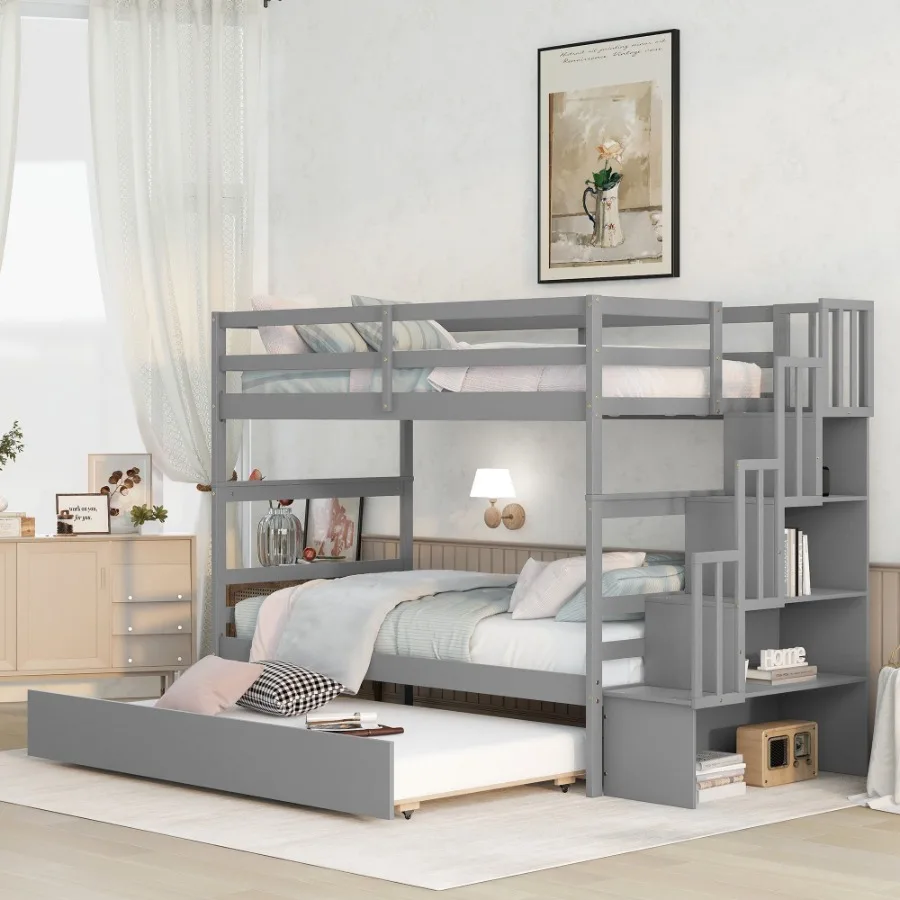 Twin over Twin Bunk Beds With Twin Trundle and Stairway Storage Function in Grey Color
Twin over Twin Bunk Beds With Twin Trundle and Stairway Storage Function in Grey Color