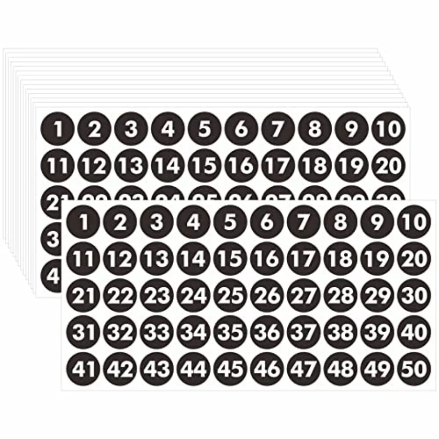 750 PCS Round Number Sticker, 15 Sheets Consecutive Black Vinyl Labels 1-50 Self-Adhesive Dot Stickers for Indoor, Outdoor, Off
750 PCS Round Number Sticker, 15 Sheets Consecutive Black Vinyl Labels 1-50 Self-Adhesive Dot Stickers for Indoor, Outdoor, Off