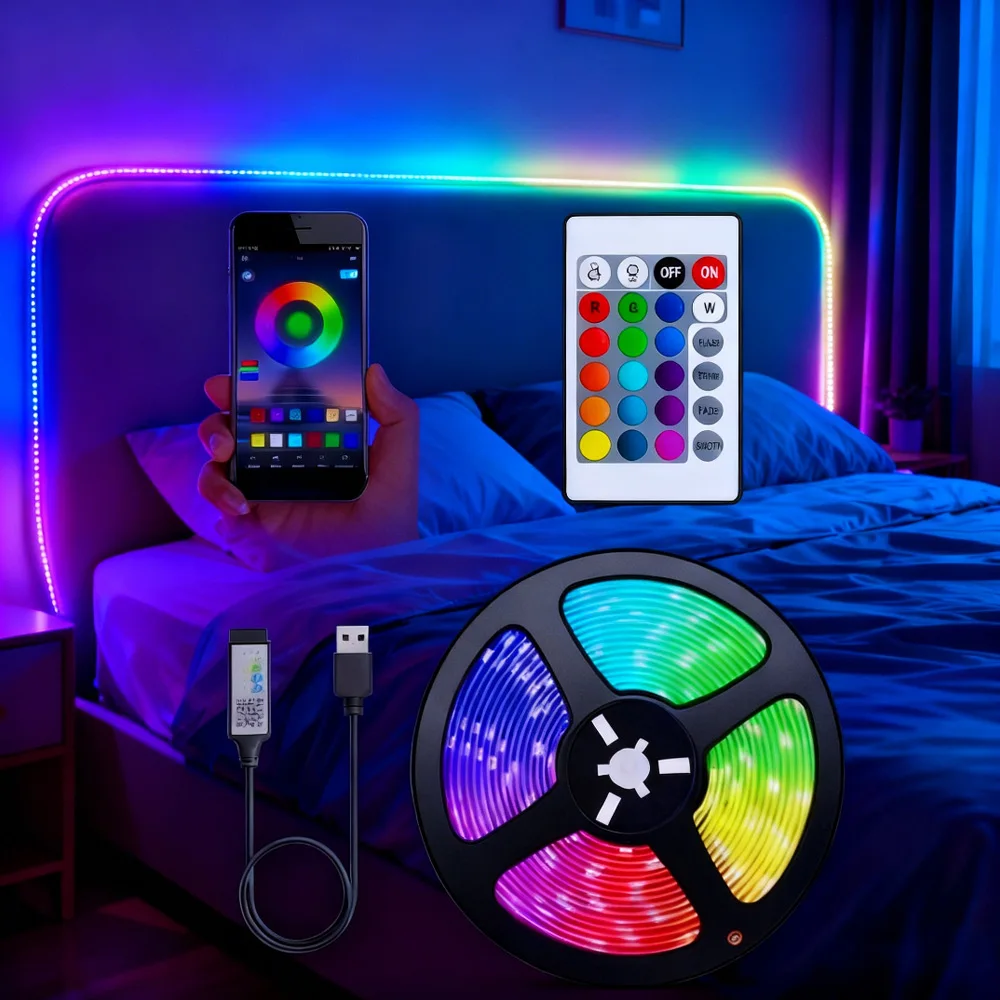 Bluetooth LED Strip Lights USB RGB 5V SMD5050 Flexible Diode Lamp Tape APP Remote Control DIY TV Background Lighting Decoration
Bluetooth LED Strip Lights USB RGB 5V SMD5050 Flexible Diode Lamp Tape APP Remote Control DIY TV Background Lighting Decoration