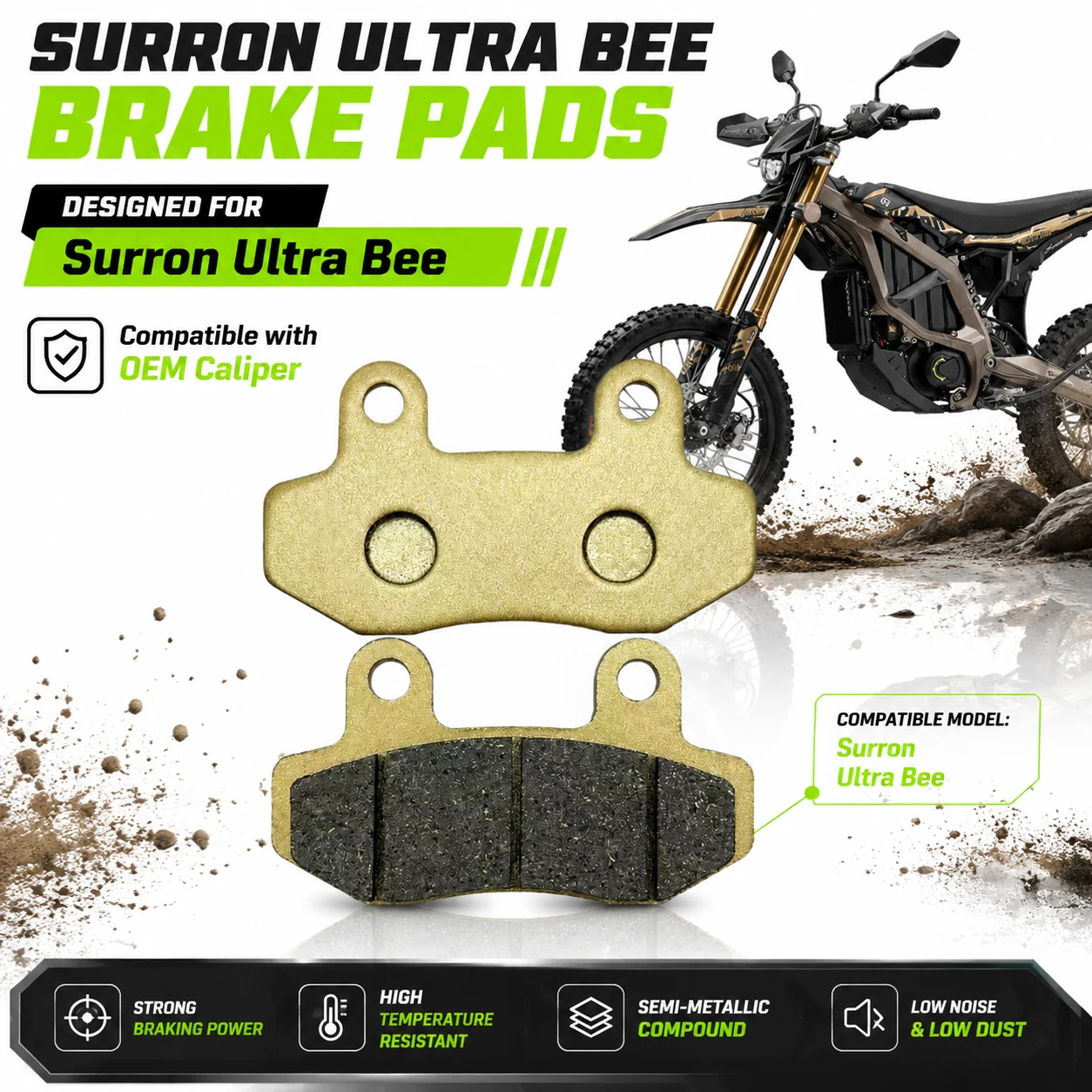 Ultra Bee Brake Pads Semi-Metallic Anti-Fade for Surron Ultra Bee Stock Caliper Electric Dirt Bike Enduro Replacement
Ultra Bee Brake Pads Semi-Metallic Anti-Fade for Surron Ultra Bee Stock Caliper Electric Dirt Bike Enduro Replacement
