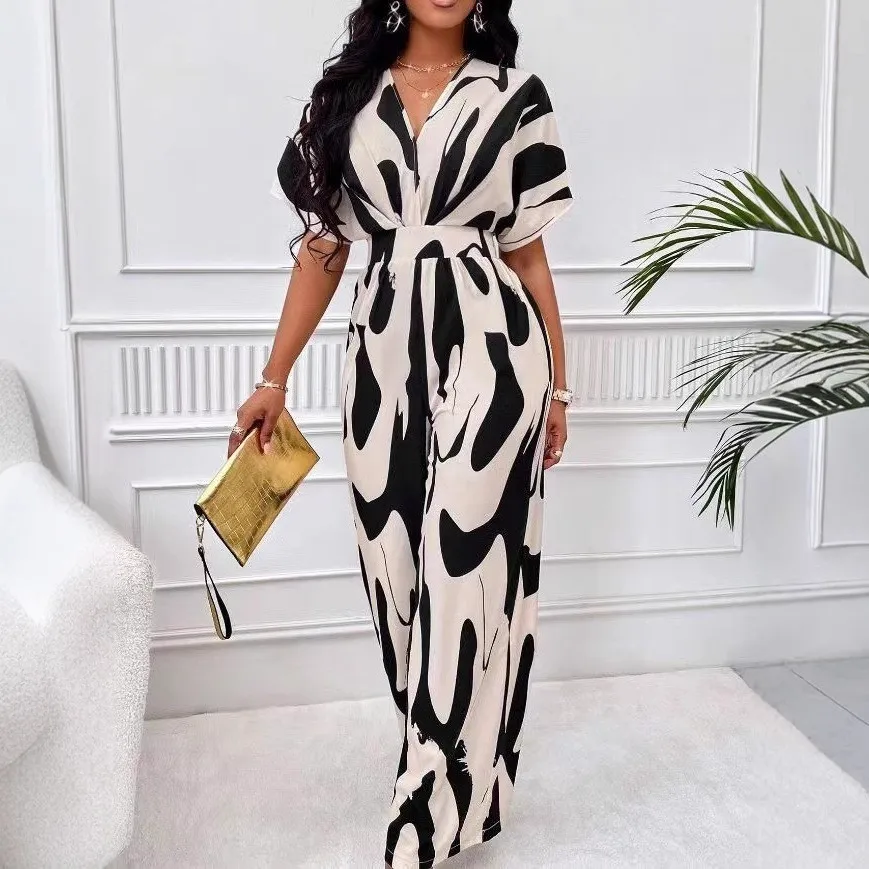 Spring Women's Clothing Elegant V Neck Print Batwing Sleeve Wide Leg Jumpsuit For Woman Polyester High Waist Thin Long Pant
Spring Women's Clothing Elegant V Neck Print Batwing Sleeve Wide Leg Jumpsuit For Woman Polyester High Waist Thin Long Pant