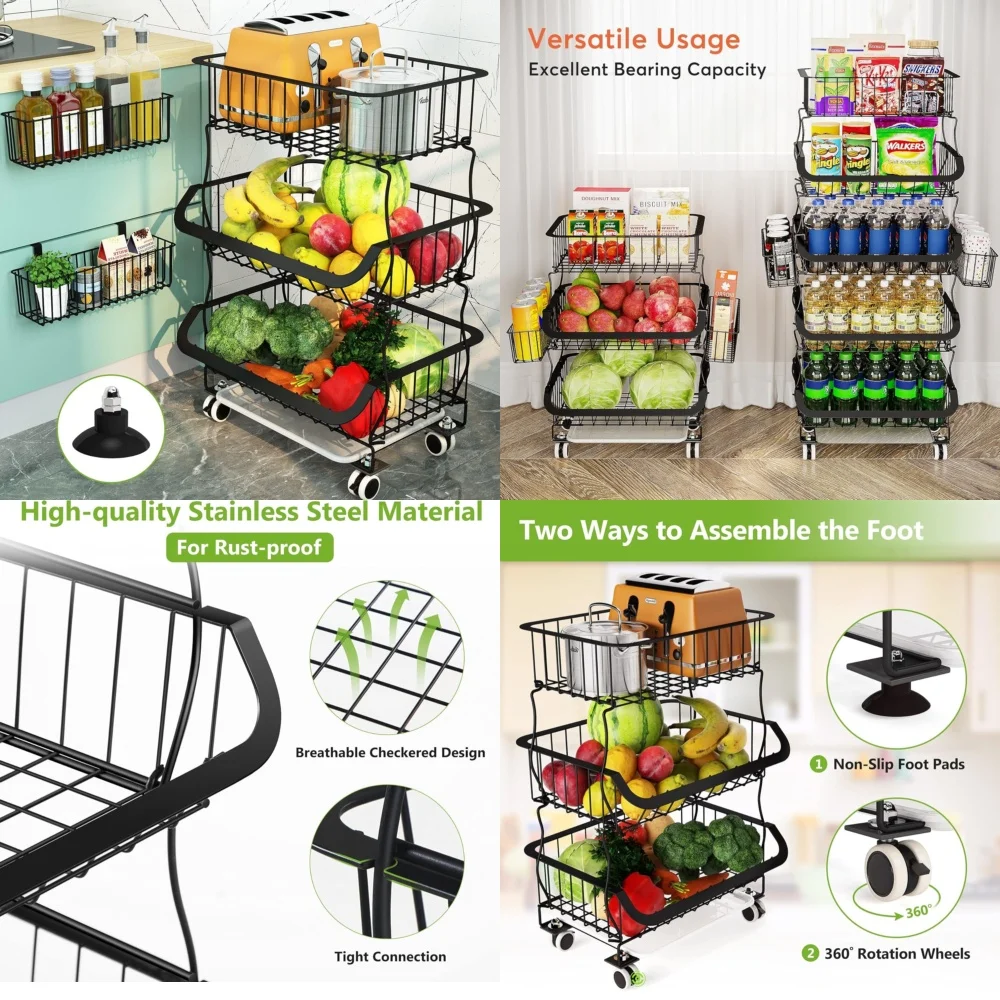 3 Tier Stackable Metal Wire Basket Cart with Wheels Multifunctional Kitchen Storage Organizer Rolling Utility Trolley for Home
3 Tier Stackable Metal Wire Basket Cart with Wheels Multifunctional Kitchen Storage Organizer Rolling Utility Trolley for Home