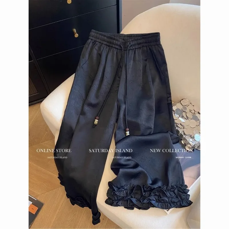 Womens Satin Drawstring Wide Leg Pants with Ruffle Hem
Womens Satin Drawstring Wide Leg Pants with Ruffle Hem
