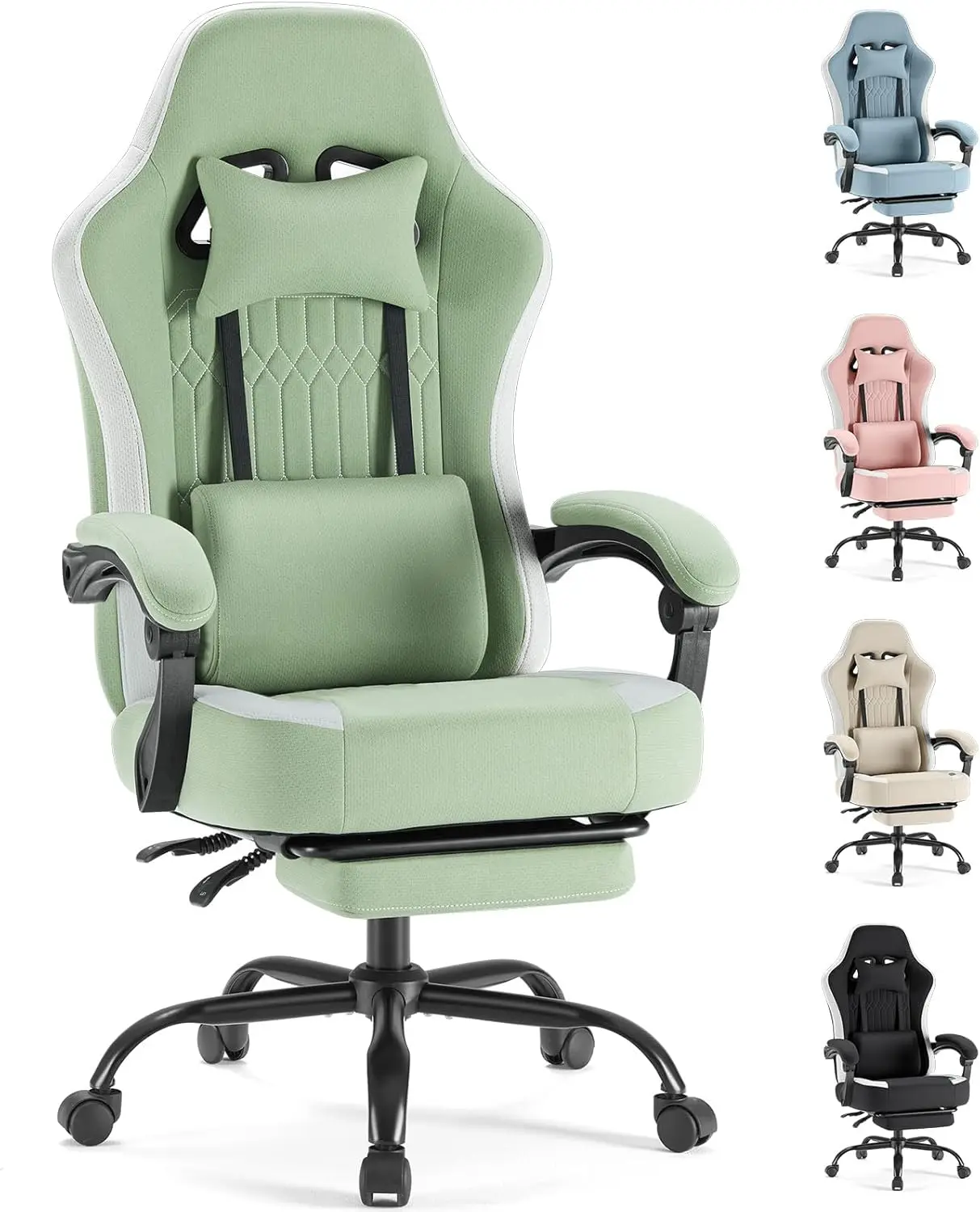 Ergonomic Gaming Chair with Footrest, Lumbar Support, Height Adjustable, Linkage Armrests, 360° Swivel, Fabric, Green
Ergonomic Gaming Chair with Footrest, Lumbar Support, Height Adjustable, Linkage Armrests, 360° Swivel, Fabric, Green