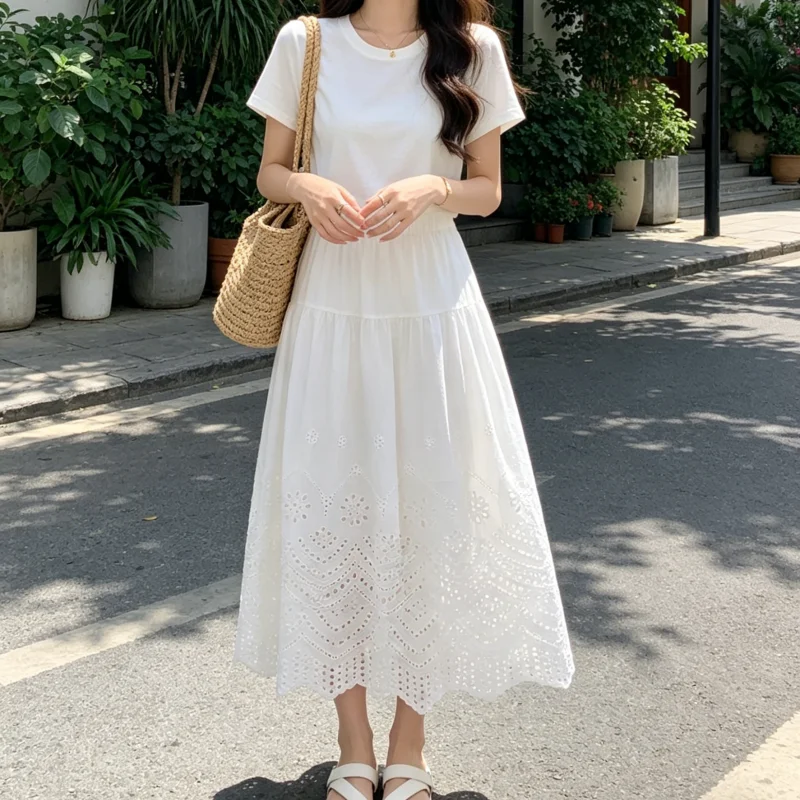 1pc Embroidered Hollow out Lace Trim A- Line Skirt Elastic Waist Midi Skirt Summer Fashion Half-length Skirt
1pc Embroidered Hollow out Lace Trim A- Line Skirt Elastic Waist Midi Skirt Summer Fashion Half-length Skirt