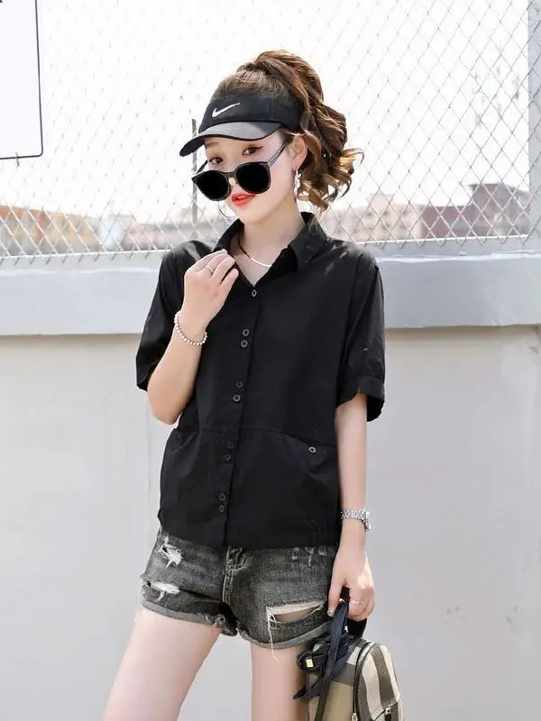 Korean Style Loose Women's Shirt Summer New Fashion Short Sleeve Cover Belly Button up Casual Unique Quality Small Top
Korean Style Loose Women's Shirt Summer New Fashion Short Sleeve Cover Belly Button up Casual Unique Quality Small Top
