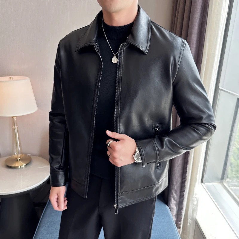 Men's Lapel Collar Zipper Cardigan PU Leather Jacket Windproof Motorcycle Leather Coat Fashion Lapel Collar Slim Business Jacket
Men's Lapel Collar Zipper Cardigan PU Leather Jacket Windproof Motorcycle Leather Coat Fashion Lapel Collar Slim Business Jacket