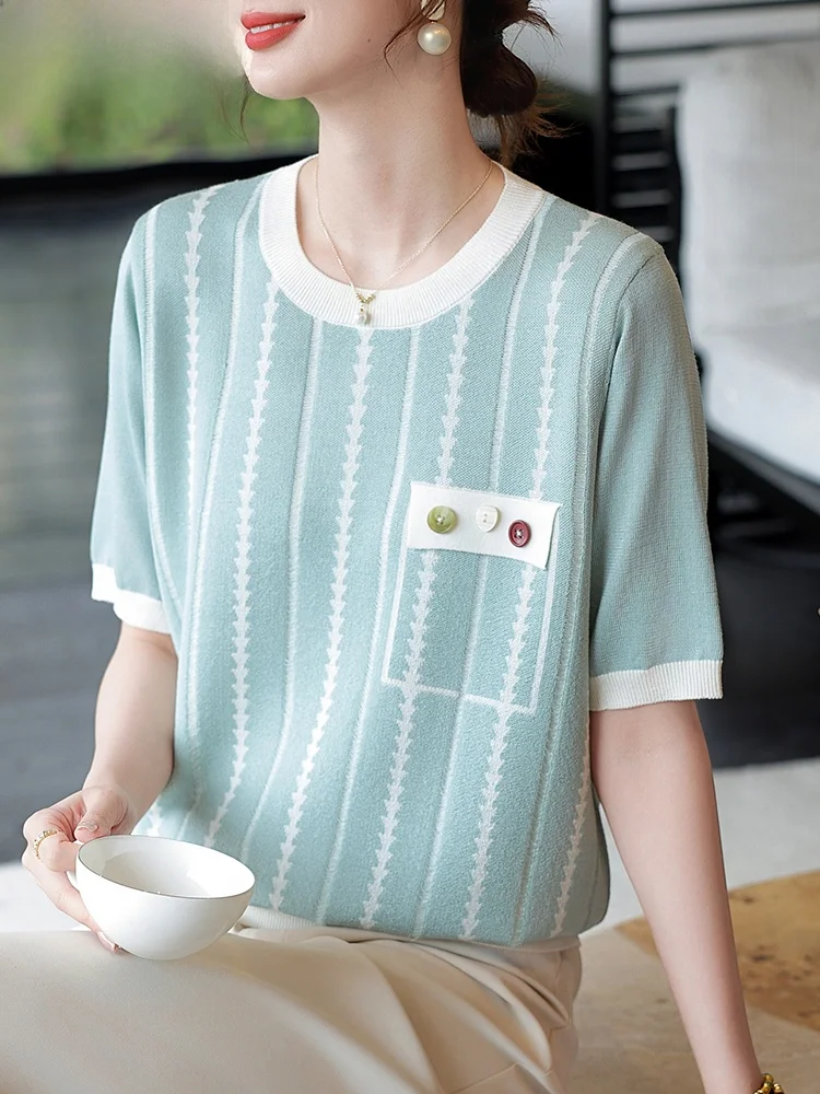 Faionable Summer Outfit Set Ice Silk ort Sve Striped Knitted Top Loose Fit round Ne Two Piece Set for Middle-Aged Women
Faionable Summer Outfit Set Ice Silk ort Sve Striped Knitted Top Loose Fit round Ne Two Piece Set for Middle-Aged Women