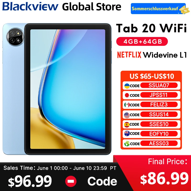Blackview Tab 20 WIFI Tablets 10.1'' HD+ IPS Display Widevine L1 4GB 64GB Unisoc T310 Android 15 6600mAh 8MP Tablet Pad PC
Blackview Tab 20 WIFI Tablets 10.1'' HD+ IPS Display Widevine L1 4GB 64GB Unisoc T310 Android 15 6600mAh 8MP Tablet Pad PC