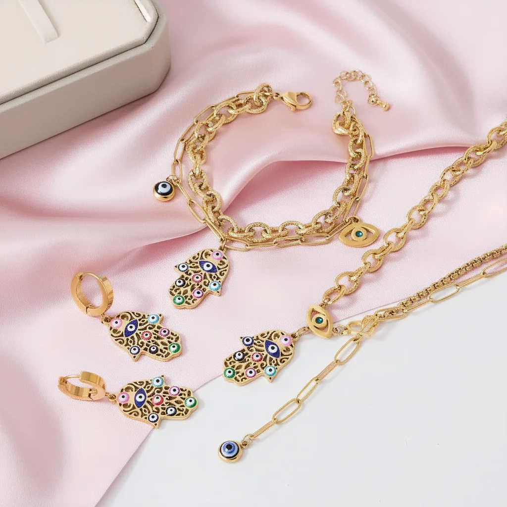 4pcs Elegant Vintage Jewelry Set for Women Palm Eyes Necklace Shiny Crystal Choker Bridal Wedding Earrings Party Gift
4pcs Elegant Vintage Jewelry Set for Women Palm Eyes Necklace Shiny Crystal Choker Bridal Wedding Earrings Party Gift