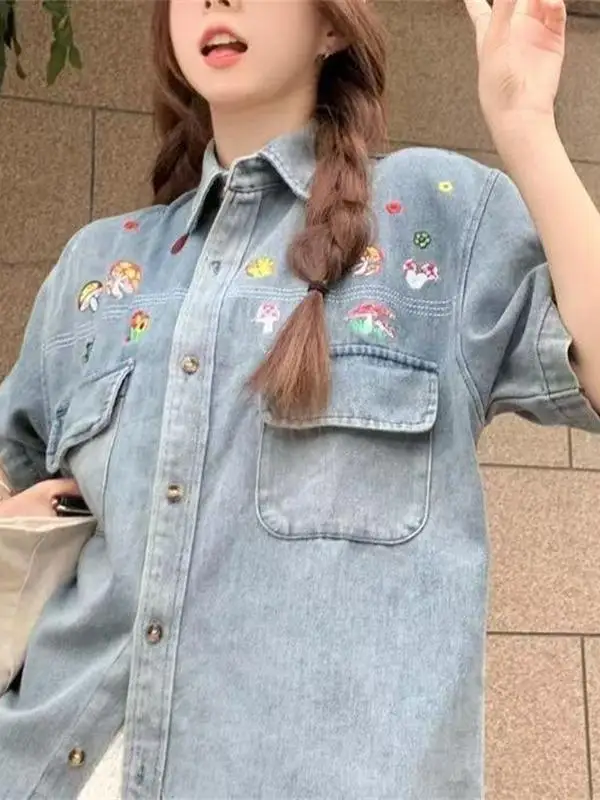 Summer Large Size 250 Pounds Washed Vintage Denim Short Sleeve Embroidered Lazy Style Men's Shirt Casual Loose Fit Outerwear
Summer Large Size 250 Pounds Washed Vintage Denim Short Sleeve Embroidered Lazy Style Men's Shirt Casual Loose Fit Outerwear