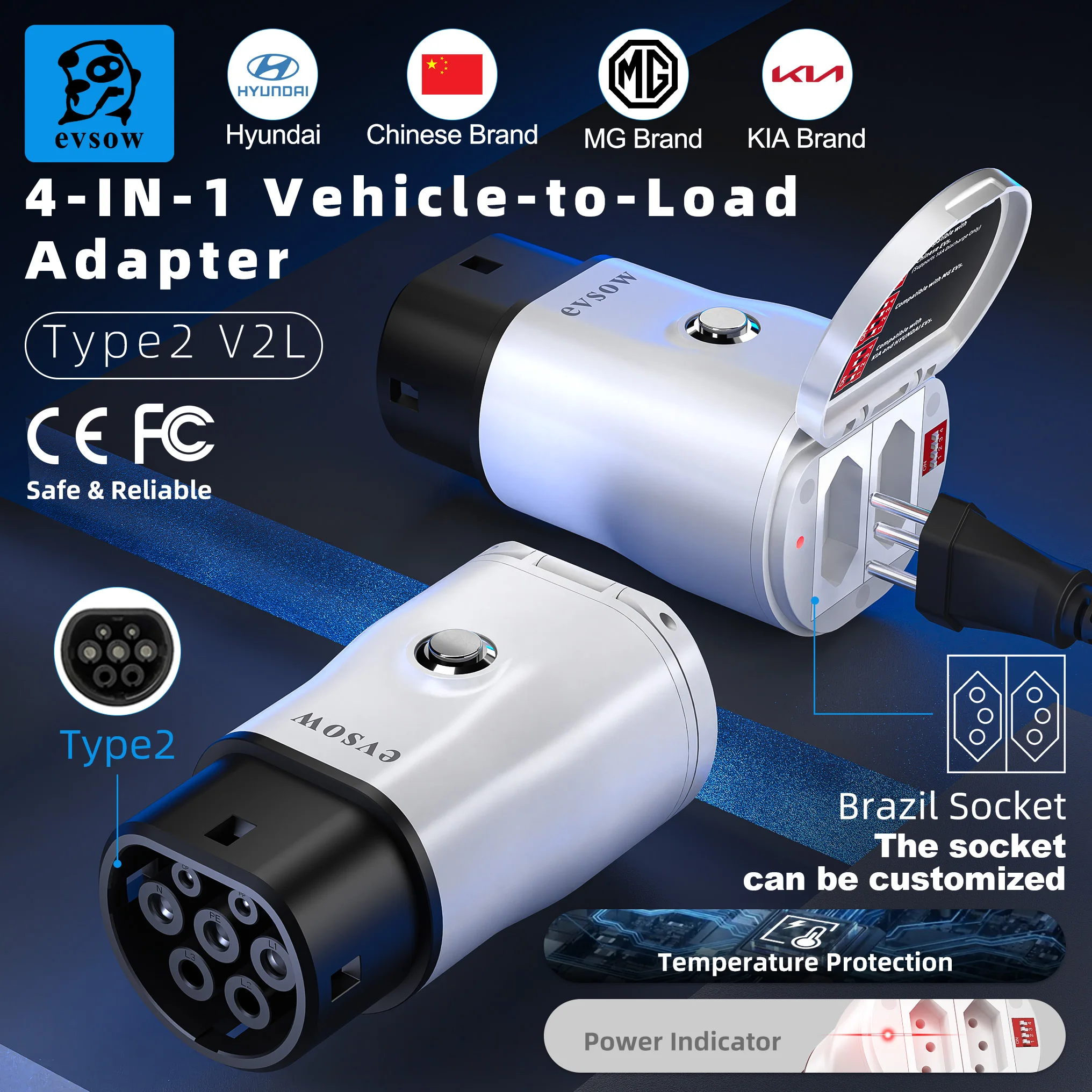 evsow V2L Type2 Discharger Adapter For MG/Kia/Hyundai/Chinese EVs Vehicle To Load Power Converter And Safety Switch For Camping
evsow V2L Type2 Discharger Adapter For MG/Kia/Hyundai/Chinese EVs Vehicle To Load Power Converter And Safety Switch For Camping