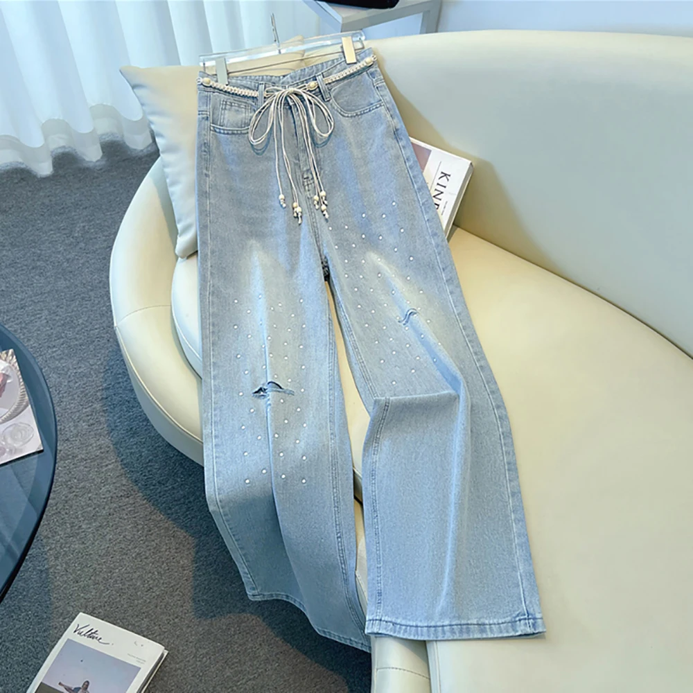Women High Waist Beading Denim Pants Korean Style Casual All-Match Solid Color Hole Straight Trousers Spring Summer Long Jeans
Women High Waist Beading Denim Pants Korean Style Casual All-Match Solid Color Hole Straight Trousers Spring Summer Long Jeans