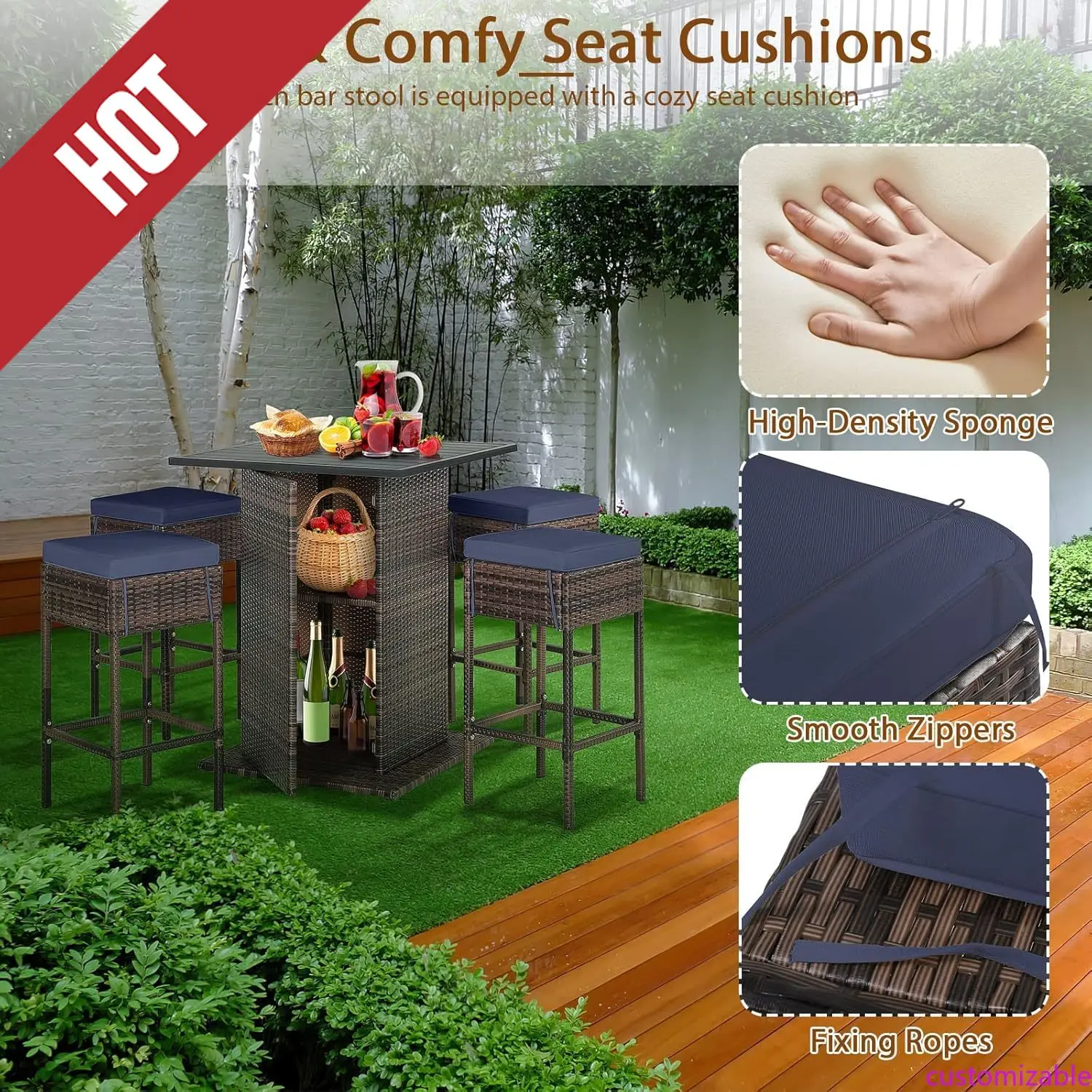 Настраиваемый барный набор из 5 предметов для улицы, плетеный бар из ротанга, набор для патио высотой с 4 подушками, барные стулья и стол
Настраиваемый барный набор из 5 предметов для улицы, плетеный бар из ротанга, набор для патио высотой с 4 подушками, барные стулья и стол