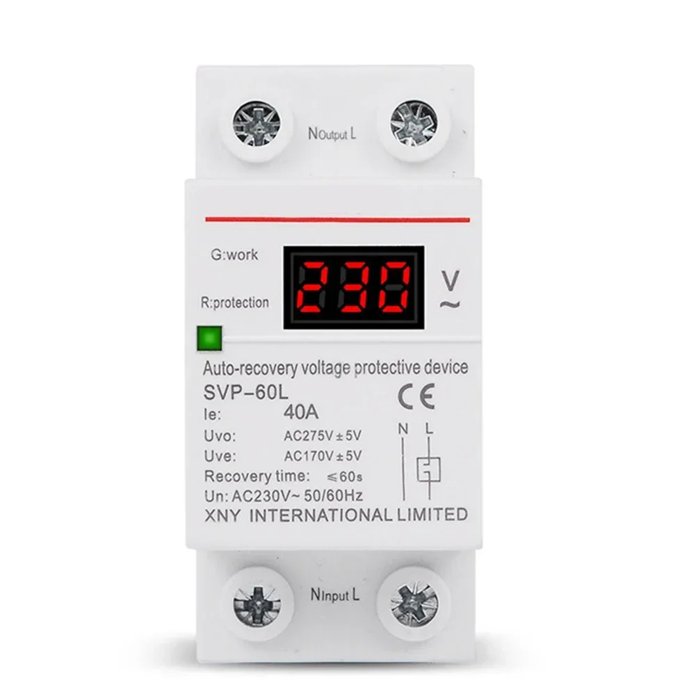 SVP-60L 230V AC 40A 63A Digital Voltmeter Display Self Resetting Household Switch 220V Overvoltage And Undervoltage Protector
SVP-60L 230V AC 40A 63A Digital Voltmeter Display Self Resetting Household Switch 220V Overvoltage And Undervoltage Protector