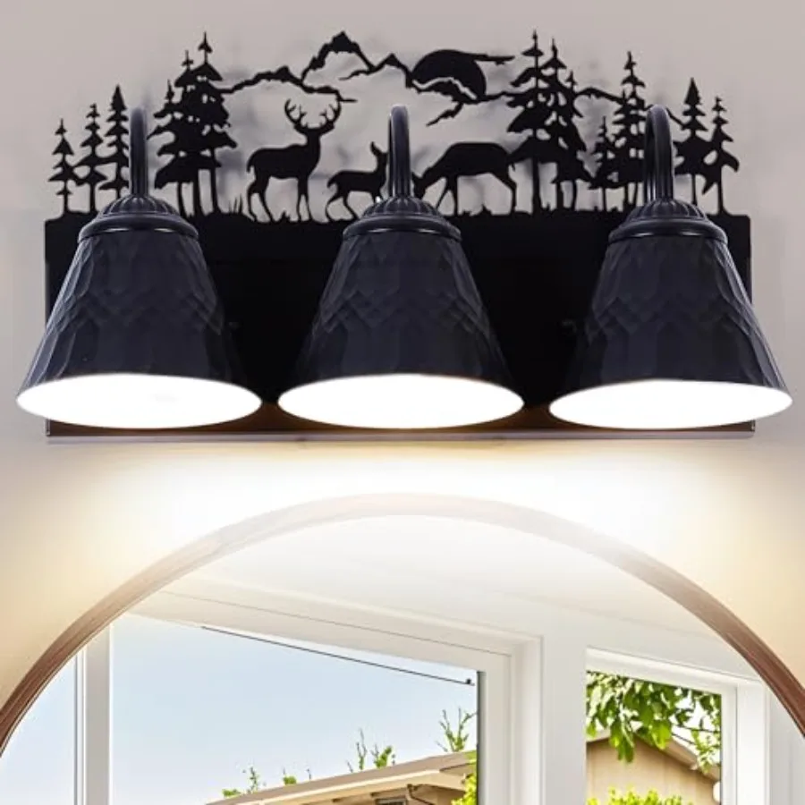 Rustic 3-Light Black Vanity Light Fixtures with Deer Design, E12 Base Farmhouse Bathroom Lighting for Mirror, Cabinet, or Dress
Rustic 3-Light Black Vanity Light Fixtures with Deer Design, E12 Base Farmhouse Bathroom Lighting for Mirror, Cabinet, or Dress