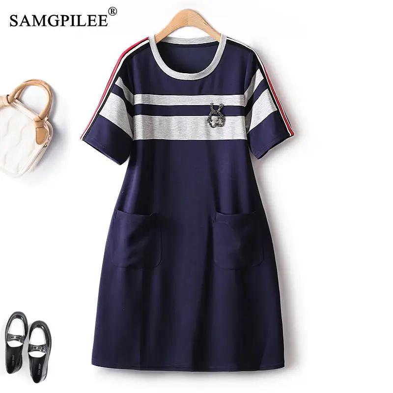 College Style Summer New In Dresses 2023 New Loose Casual Stripes Hit Color Hot Diamond Short Sleeve Chic Elegant Female Dress
College Style Summer New In Dresses 2023 New Loose Casual Stripes Hit Color Hot Diamond Short Sleeve Chic Elegant Female Dress