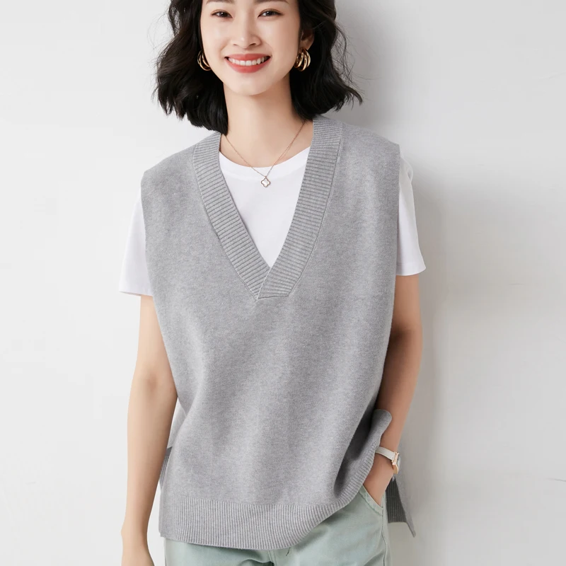 Свободный вязаный шерстяной жилет женский с V-образным вырезом, с разрезами, в корейском стиле, весенне-осенний, больших размеров, асимметричная верхняя одежда
Свободный вязаный шерстяной жилет женский с V-образным вырезом, с разрезами, в корейском стиле, весенне-осенний, больших размеров, асимметричная верхняя одежда