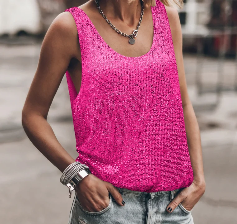 Fashion Vest Sleeveless Backless Sequin Decoration Solid Color Sleeveless Vest Top Women's Summer Casual Loose Vest Top
Fashion Vest Sleeveless Backless Sequin Decoration Solid Color Sleeveless Vest Top Women's Summer Casual Loose Vest Top