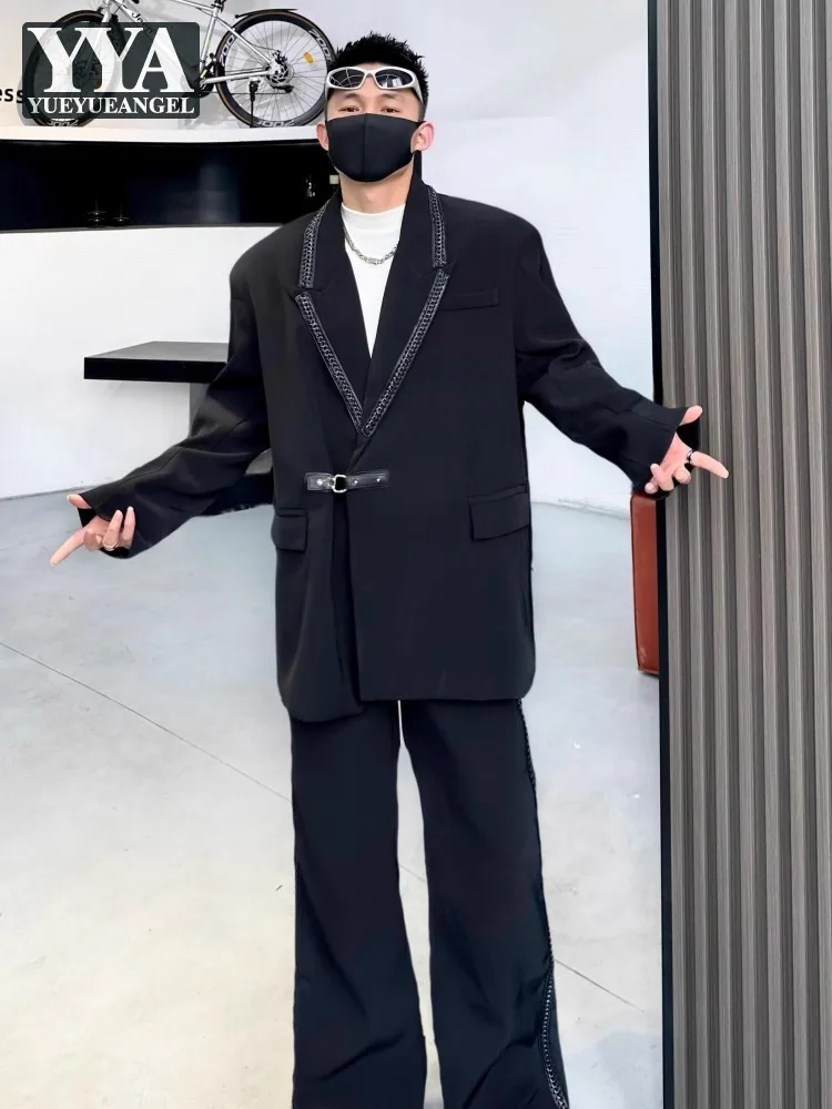 Spring Autumn Mens Chain Suits Loose Wide Leg Pants Flat Collar Two Piece Set Teenager Two Buttons Single Breasted 2025 Fashion
Spring Autumn Mens Chain Suits Loose Wide Leg Pants Flat Collar Two Piece Set Teenager Two Buttons Single Breasted 2025 Fashion