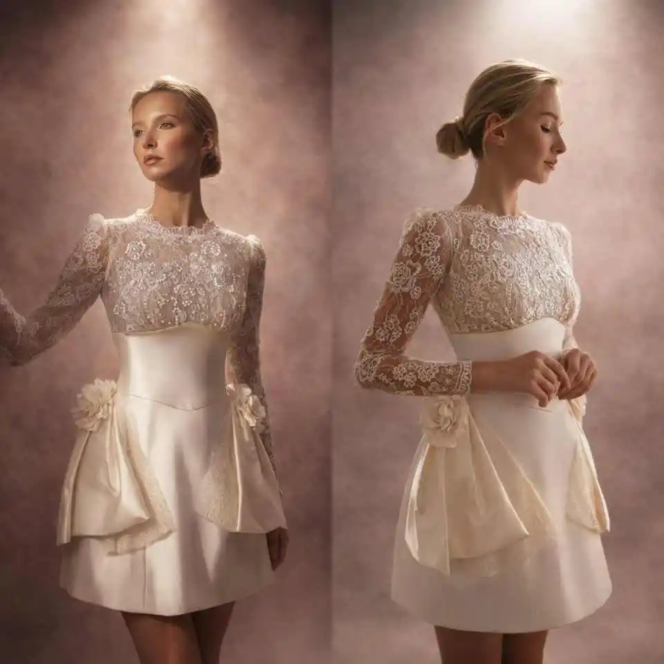 Elegant 3D Floral Bow Short Wedding Dress Long Lace Sleeve O-Neck Satin Formal Bridal Cocktail Gown Vestido De Novia Customized
Elegant 3D Floral Bow Short Wedding Dress Long Lace Sleeve O-Neck Satin Formal Bridal Cocktail Gown Vestido De Novia Customized