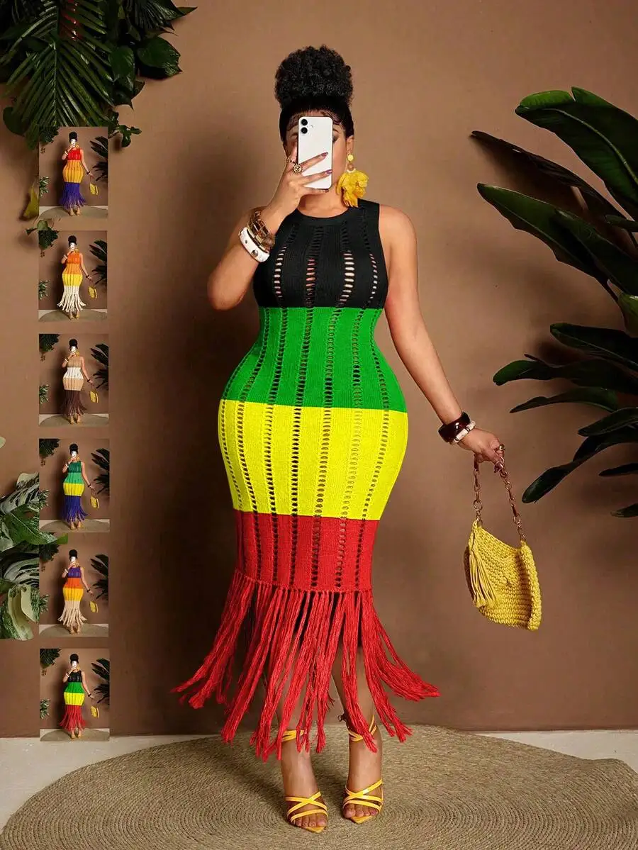 Plus Size Women Sleeveless Knitted Dress With Tassels Cutout Multicolor Summer Vacation Dress
Plus Size Women Sleeveless Knitted Dress With Tassels Cutout Multicolor Summer Vacation Dress