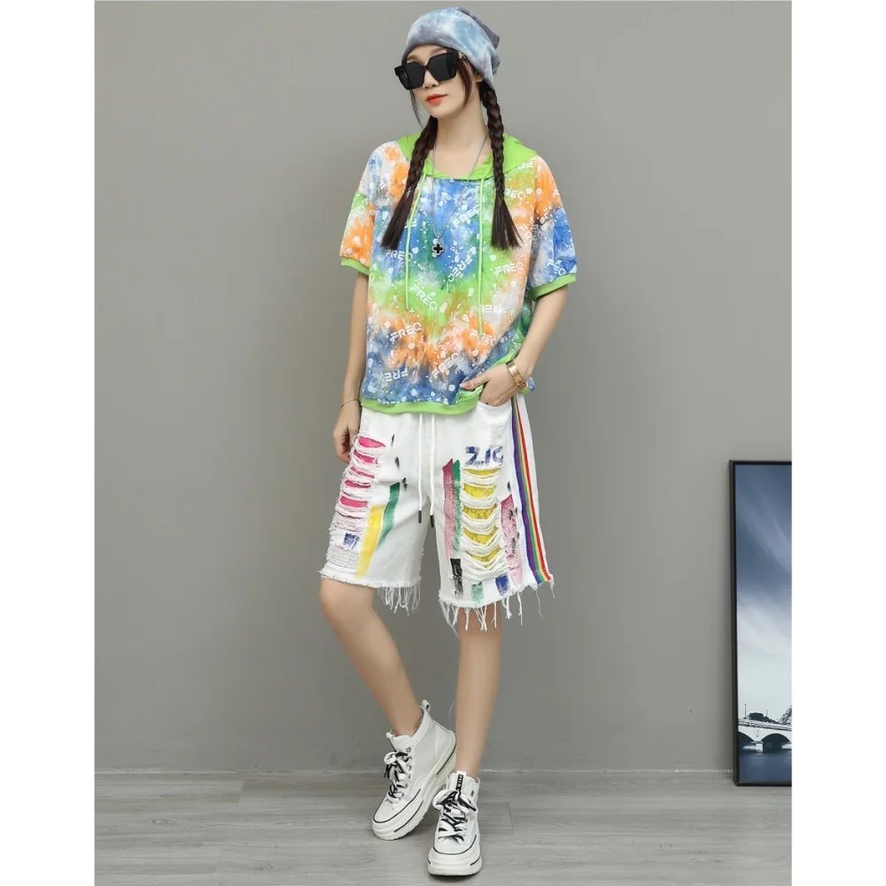 Unique Youthful Fashion Suit Women 2026 Summer Gradient Color Printed Hooded Short-sleeve T-shirt + Ripped Graffiti Short XY60
Unique Youthful Fashion Suit Women 2026 Summer Gradient Color Printed Hooded Short-sleeve T-shirt + Ripped Graffiti Short XY60