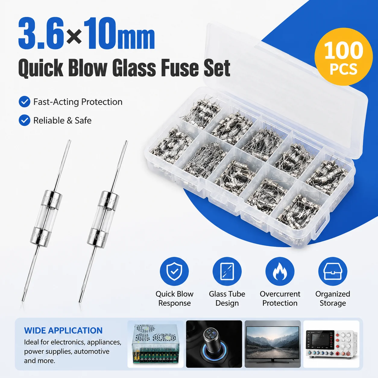 100Pcs 3.6x10mm Quick Blow Glass Fuse Set w/ Pigtail 10 Values 0.5A-10A 250V Assortment Kit in Box
100Pcs 3.6x10mm Quick Blow Glass Fuse Set w/ Pigtail 10 Values 0.5A-10A 250V Assortment Kit in Box
