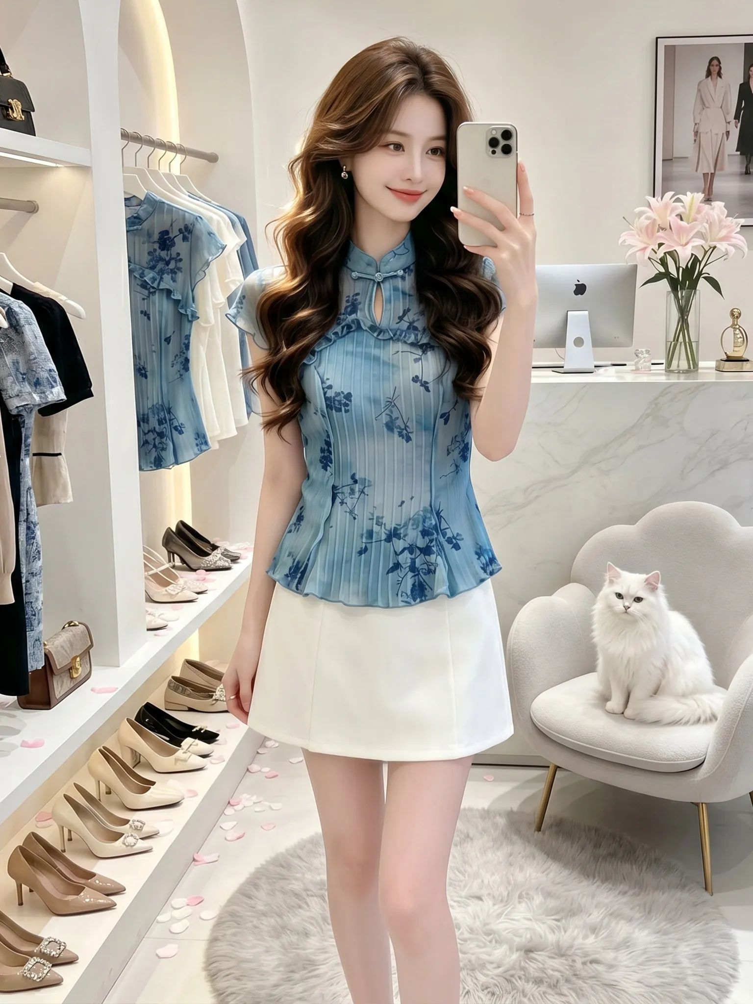 Slim Fit Blue Print Shirt Stand Collar Button up Casual Style Short Top for Women Breathable Skin-Friendly Lightweight Summer
Slim Fit Blue Print Shirt Stand Collar Button up Casual Style Short Top for Women Breathable Skin-Friendly Lightweight Summer