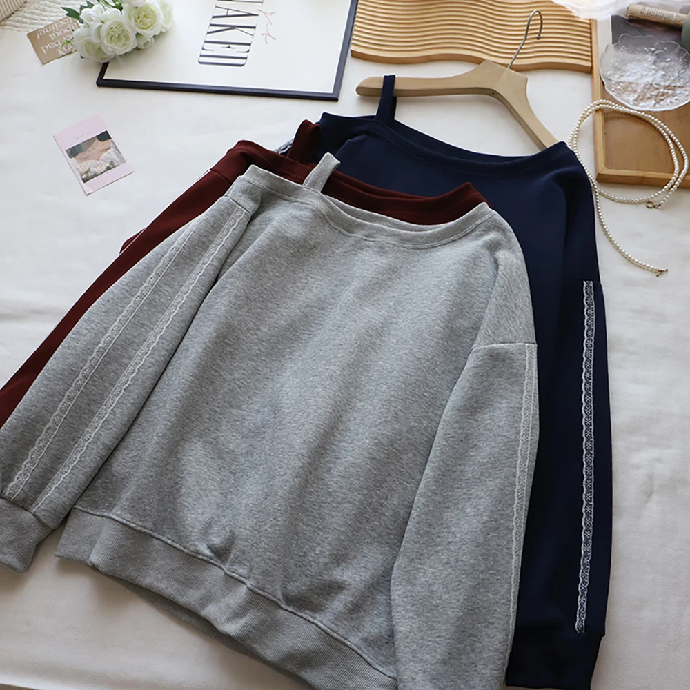 Women's Lace Patchwork Off Shoulder Pullovers Korean Ins Slanted Collar Loose Hoodies Casual All-Match Temperament T-Shirts
Women's Lace Patchwork Off Shoulder Pullovers Korean Ins Slanted Collar Loose Hoodies Casual All-Match Temperament T-Shirts