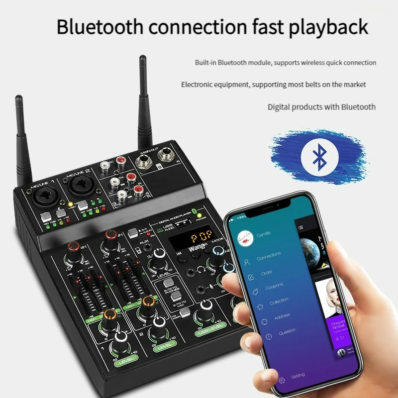 4 Channels Audio Mixer Mixing UHF Microphone Console with Bluetooth USB Effect USB DJ Sound Mixing for Stage Audio DJ Karaoke PC
4 Channels Audio Mixer Mixing UHF Microphone Console with Bluetooth USB Effect USB DJ Sound Mixing for Stage Audio DJ Karaoke PC