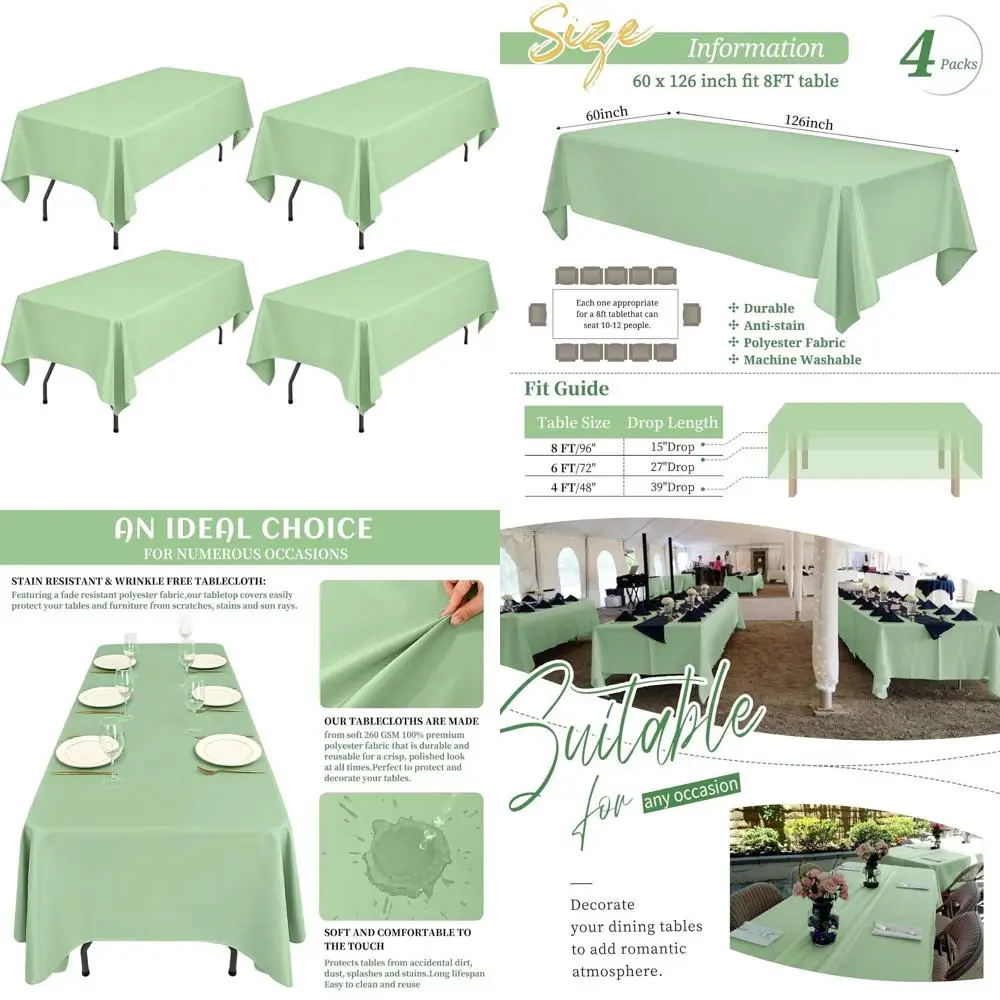 Sage Green 60x126 Inch Rectangle Tablecloth, Wrinkle & Stain Resistant, Ideal for 6ft & 8ft Tables, Suitable for Weddings and Ba
Sage Green 60x126 Inch Rectangle Tablecloth, Wrinkle & Stain Resistant, Ideal for 6ft & 8ft Tables, Suitable for Weddings and Ba