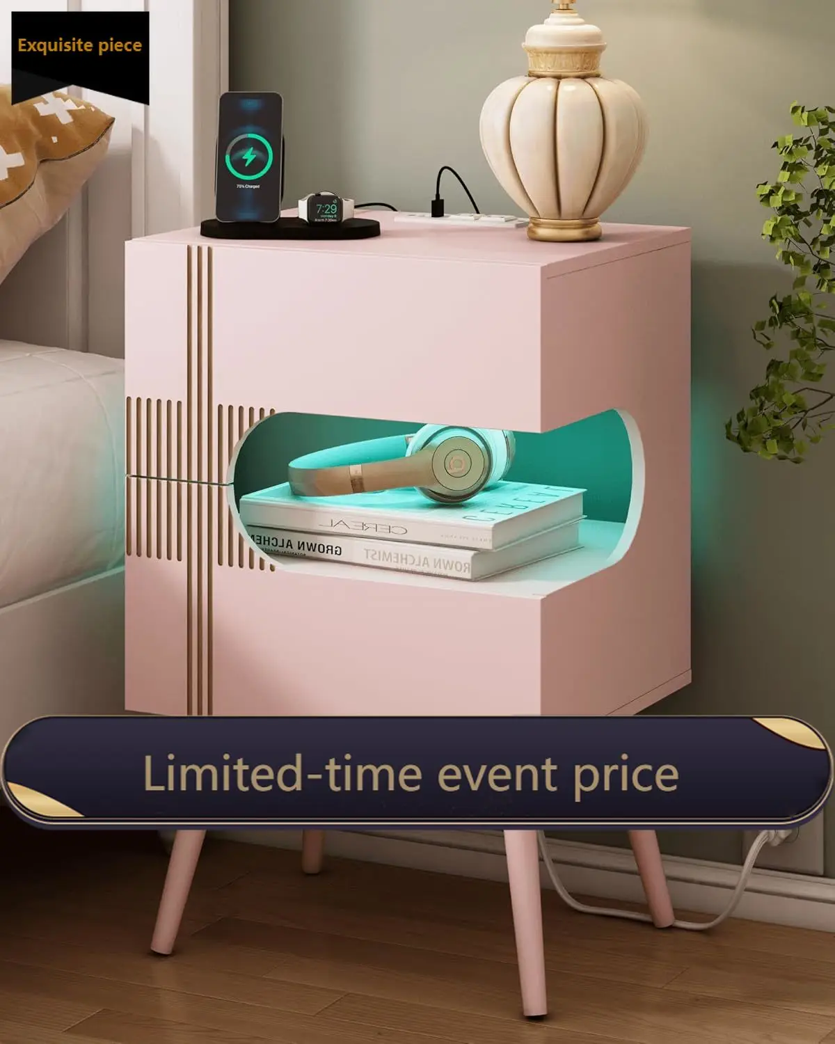 White Pink Nightstand Bedside Table Charging Station Led Lights Two Storage Drawers Solid Wood Legs
White Pink Nightstand Bedside Table Charging Station Led Lights Two Storage Drawers Solid Wood Legs