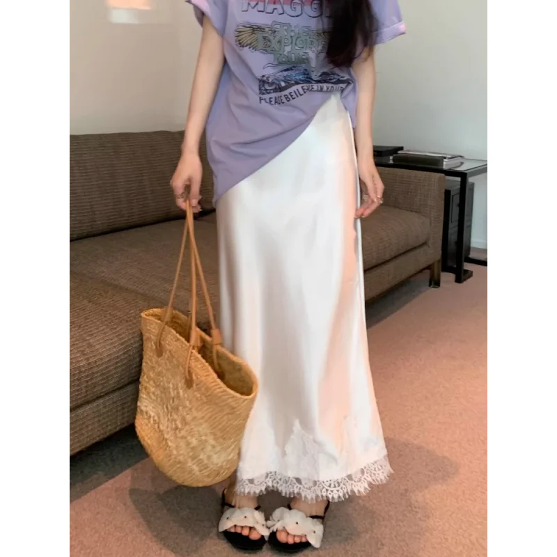 Elegant Long Skirts for Women Summer High Waist Lace Satin Skirt Women's A-line Korean Fashion Solid Color Loose Women's Skirt
Elegant Long Skirts for Women Summer High Waist Lace Satin Skirt Women's A-line Korean Fashion Solid Color Loose Women's Skirt