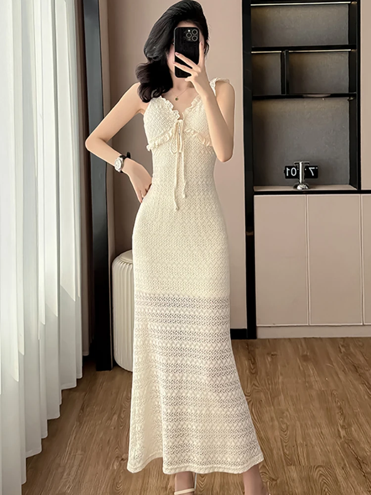 2025 White Lace Jacquard Chic Bow Ruffled Sling Long Dress Women Vintage Elegant Luxury Evening Dress Summer Korean Party Dress
2025 White Lace Jacquard Chic Bow Ruffled Sling Long Dress Women Vintage Elegant Luxury Evening Dress Summer Korean Party Dress