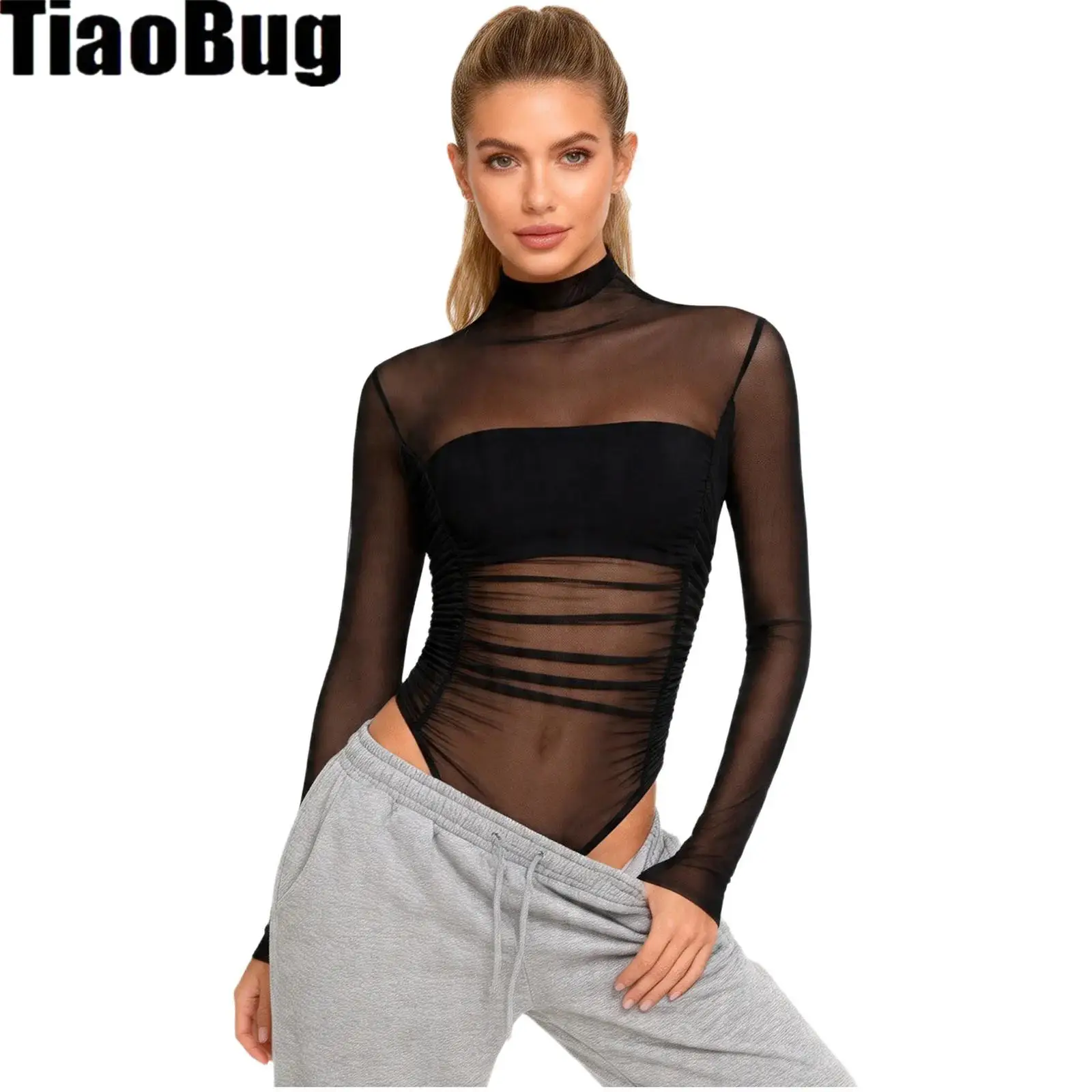 Womens Mesh Bodysuit Elastic Ruched High Collar Long Sleeve Buttoned Crotch See Through Leotard Jumpsuit for Beach Nightclub
Womens Mesh Bodysuit Elastic Ruched High Collar Long Sleeve Buttoned Crotch See Through Leotard Jumpsuit for Beach Nightclub