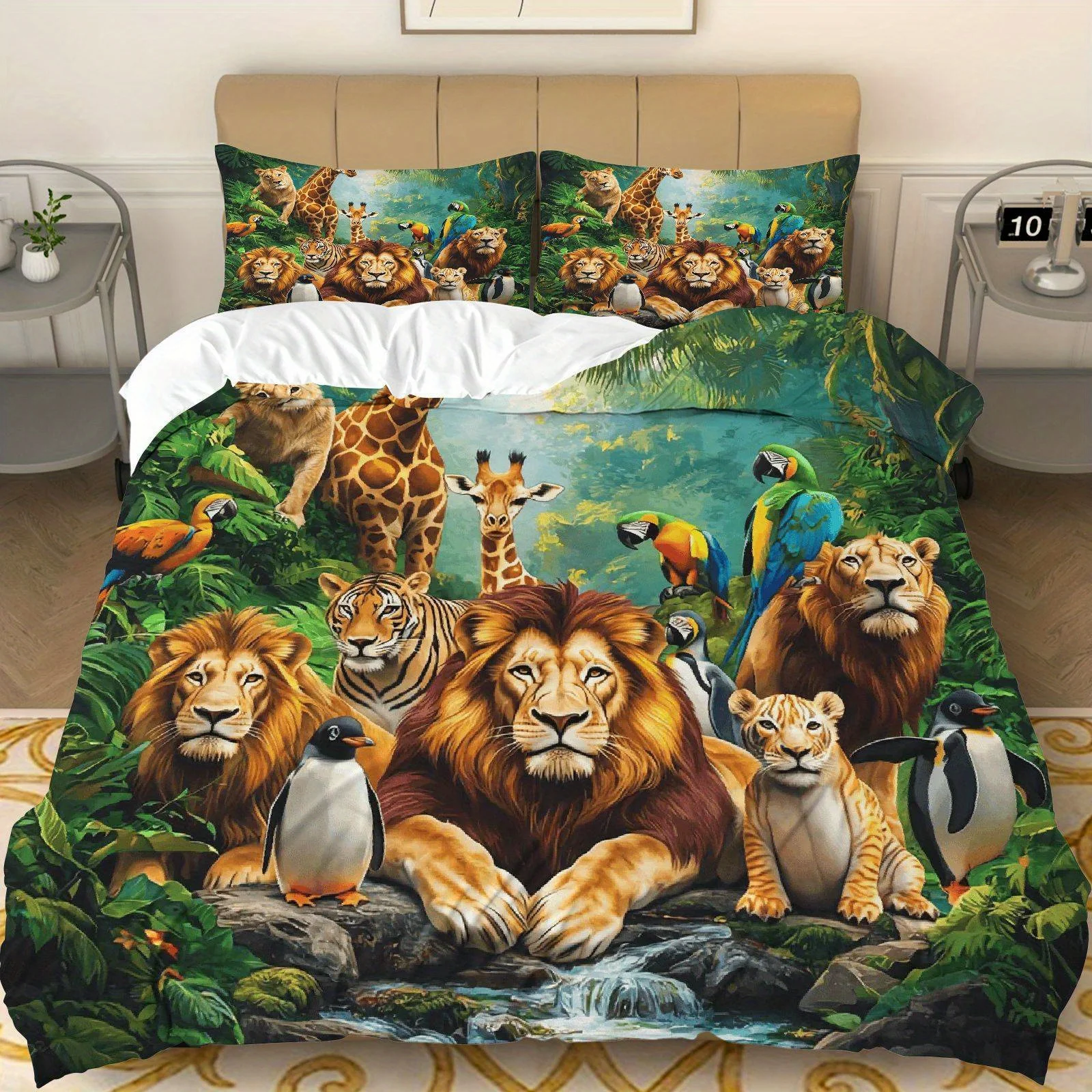 Tropical Jungle Safari Lions Tigers Giraffe Parrots Penguins theme, Wildlife Zoo bedding set 3D Realistic Animal Print for decor
Tropical Jungle Safari Lions Tigers Giraffe Parrots Penguins theme, Wildlife Zoo bedding set 3D Realistic Animal Print for decor