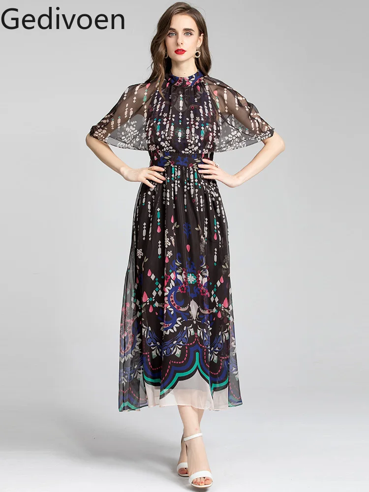 Gedivoen Fashion Runway dress Summer Women's Dress Stand collar Cloak Sleeves Floral Print Black Vintage Party Dresses
Gedivoen Fashion Runway dress Summer Women's Dress Stand collar Cloak Sleeves Floral Print Black Vintage Party Dresses