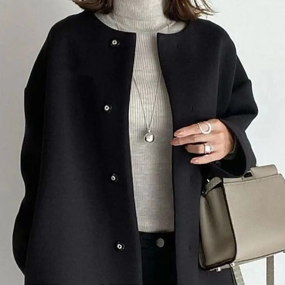 Fall Winter Women Jacket Button-down Round Neck Loose Long Sleeves Straight Woolen Coat Mid Length Pure Color Outerwear for Comm
Fall Winter Women Jacket Button-down Round Neck Loose Long Sleeves Straight Woolen Coat Mid Length Pure Color Outerwear for Comm