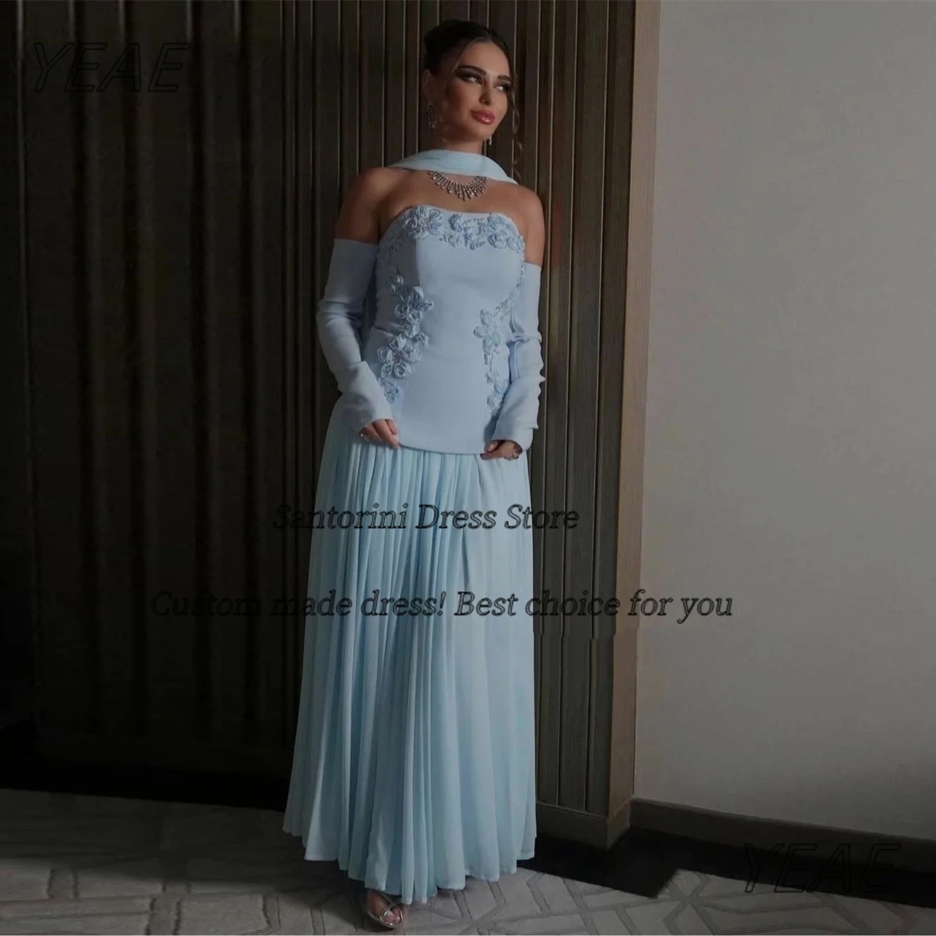 Santorini Customized Flowers Prom Dresses Strapless Zipper Back Evening Gowns with Shawls Long Sleeves After Party Dress
Santorini Customized Flowers Prom Dresses Strapless Zipper Back Evening Gowns with Shawls Long Sleeves After Party Dress