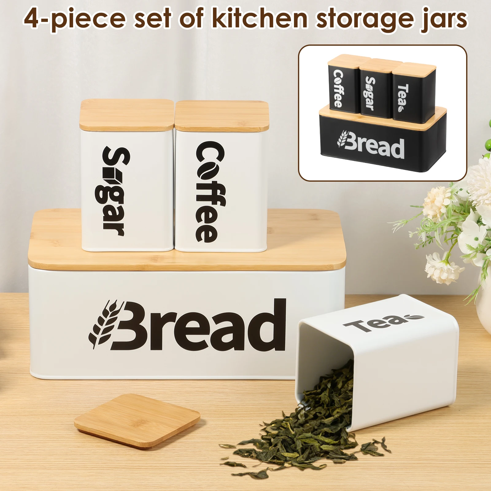 4Pcs Bread Bin Tea Coffee Sugar Canisters Set Metal Iron Bread Box and Canisters Set with Bamboo Lids for Kitchen Countertop
4Pcs Bread Bin Tea Coffee Sugar Canisters Set Metal Iron Bread Box and Canisters Set with Bamboo Lids for Kitchen Countertop