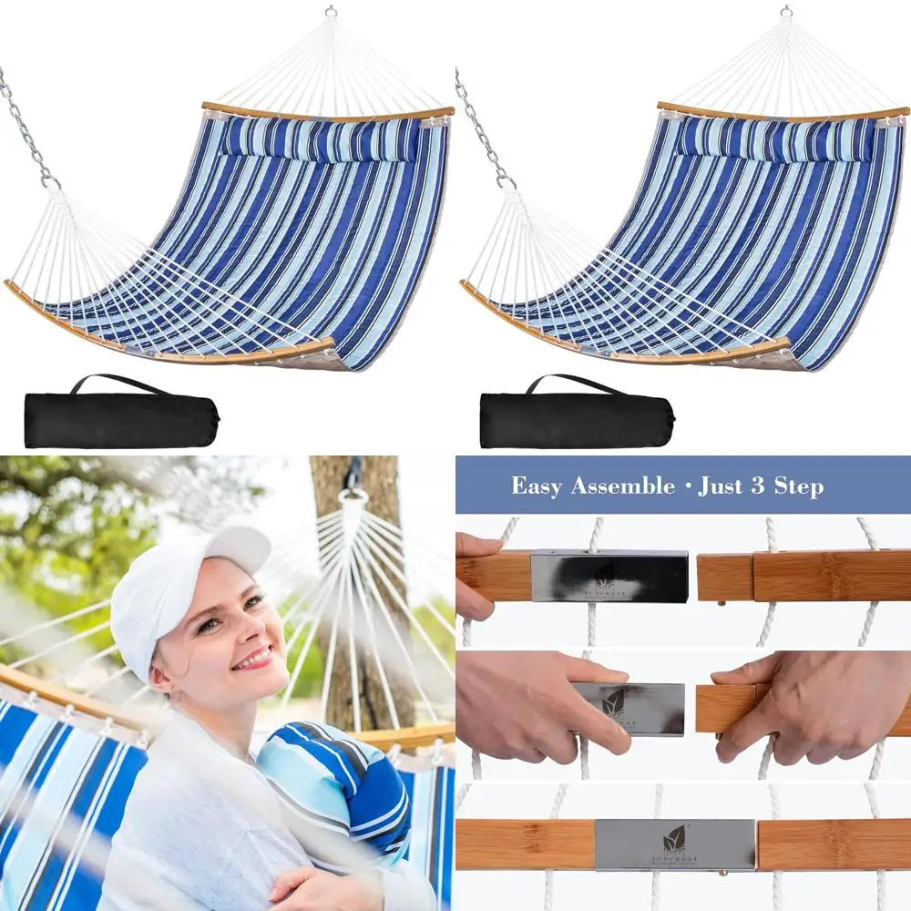 Two-Person Portable Blue Striped Hammock with Curved Spreader Bar and Carry Bag
Two-Person Portable Blue Striped Hammock with Curved Spreader Bar and Carry Bag