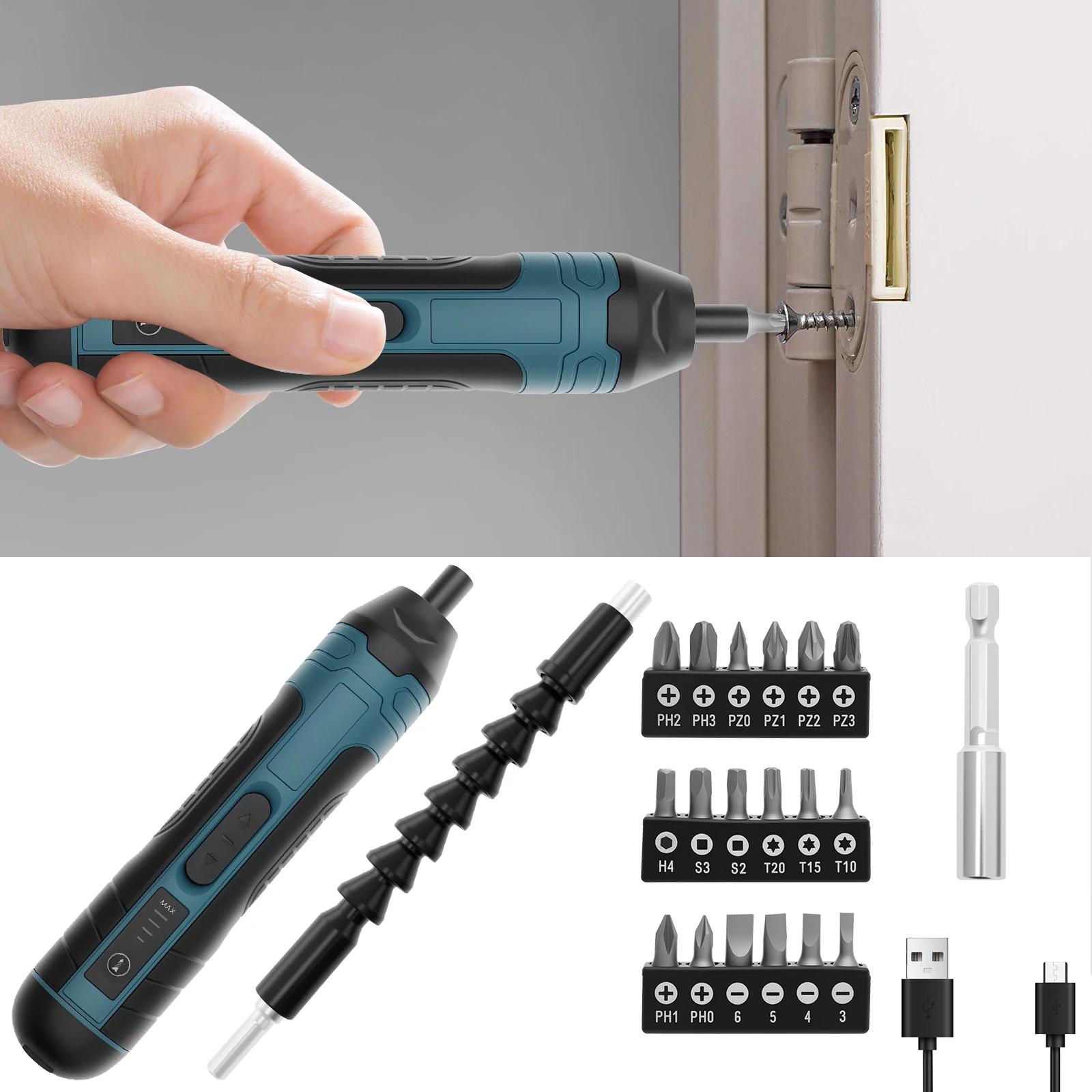 Electric Cordless Screwdriver Set Multifunctional Power Screwdriver Tool Set with 5N.m Torque Portable Repair Tool Kit for
Electric Cordless Screwdriver Set Multifunctional Power Screwdriver Tool Set with 5N.m Torque Portable Repair Tool Kit for