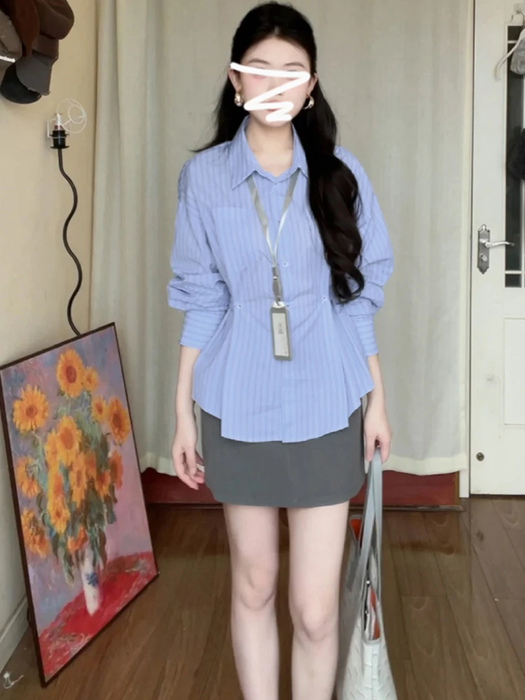 French High end Waist Cinched Slimming Stripe Blue Shirts Women Clothing Spring New Korean Style Long Sleeve Blouses Women Tops
French High end Waist Cinched Slimming Stripe Blue Shirts Women Clothing Spring New Korean Style Long Sleeve Blouses Women Tops