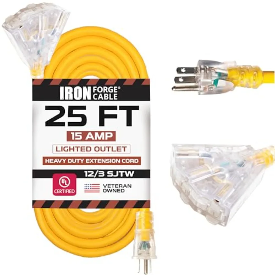 5 Lighted Outdoor Extension Cord with 3 Electrical Power Outlets - 1/3 SJTW Heavy Duty Yellow Extension Cable with 3 Prong Grou
5 Lighted Outdoor Extension Cord with 3 Electrical Power Outlets - 1/3 SJTW Heavy Duty Yellow Extension Cable with 3 Prong Grou