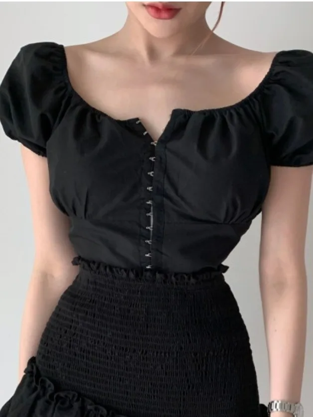 Women's Sweet-and-Spicy Design ort-Sve irt Exposing Clavicle And Waist Elastic Band Slim Fit round Ne Bubble Sve
Women's Sweet-and-Spicy Design ort-Sve irt Exposing Clavicle And Waist Elastic Band Slim Fit round Ne Bubble Sve